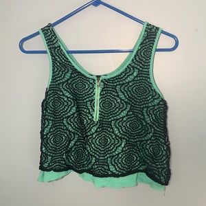 Green and black lace crop tank top